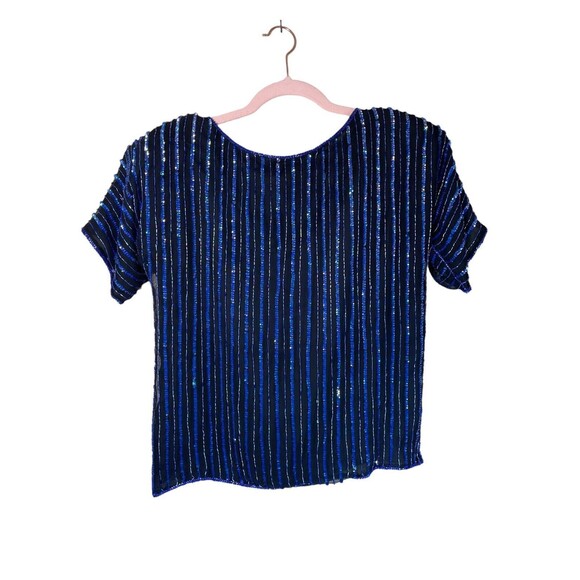 Vintage‎ Scala Sequin Beaded Blouse Blue Y2K Millennial Size Small Floral Leaf - Picture 2 of 10